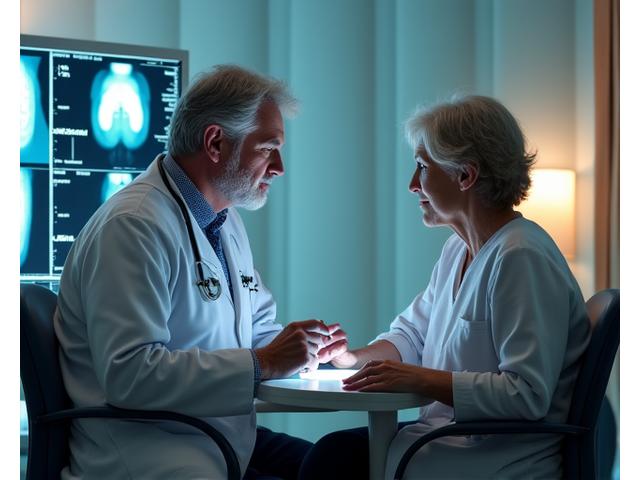 Lékař a pacient prohlížející si rentgenové snímky s tabletem v moderní ordinaci