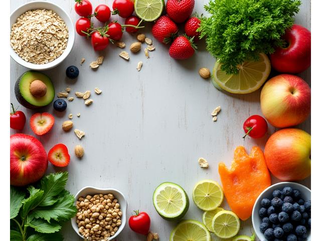 Misky s čerstvou zeleninou, ovocem a ořechy, symbolizující zdravou stravu pro snížení cholesterolu