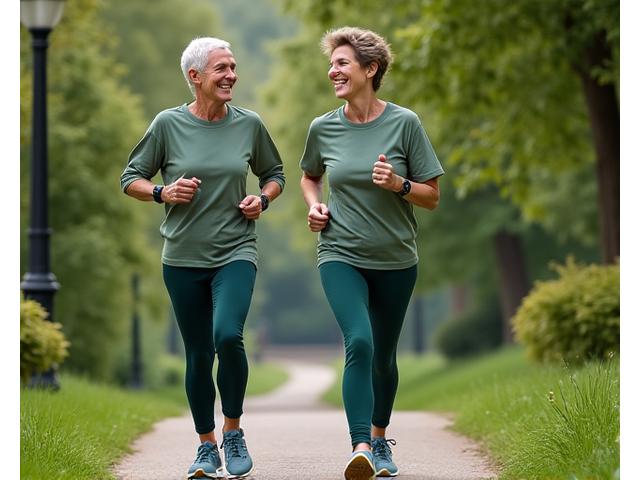 Muž a žena středního věku se usmívají při rychlé chůzi v parku, s chytrými hodinkami na zápěstí