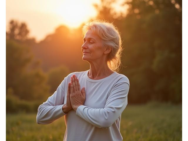 Žena středního věku cvičící jógu s klidným výrazem, symbolizující prevenci srdečních chorob