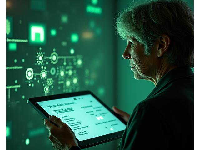 Osoba podstupující kognitivní test na tabletu se složitou vizualizací mozku v pozadí.