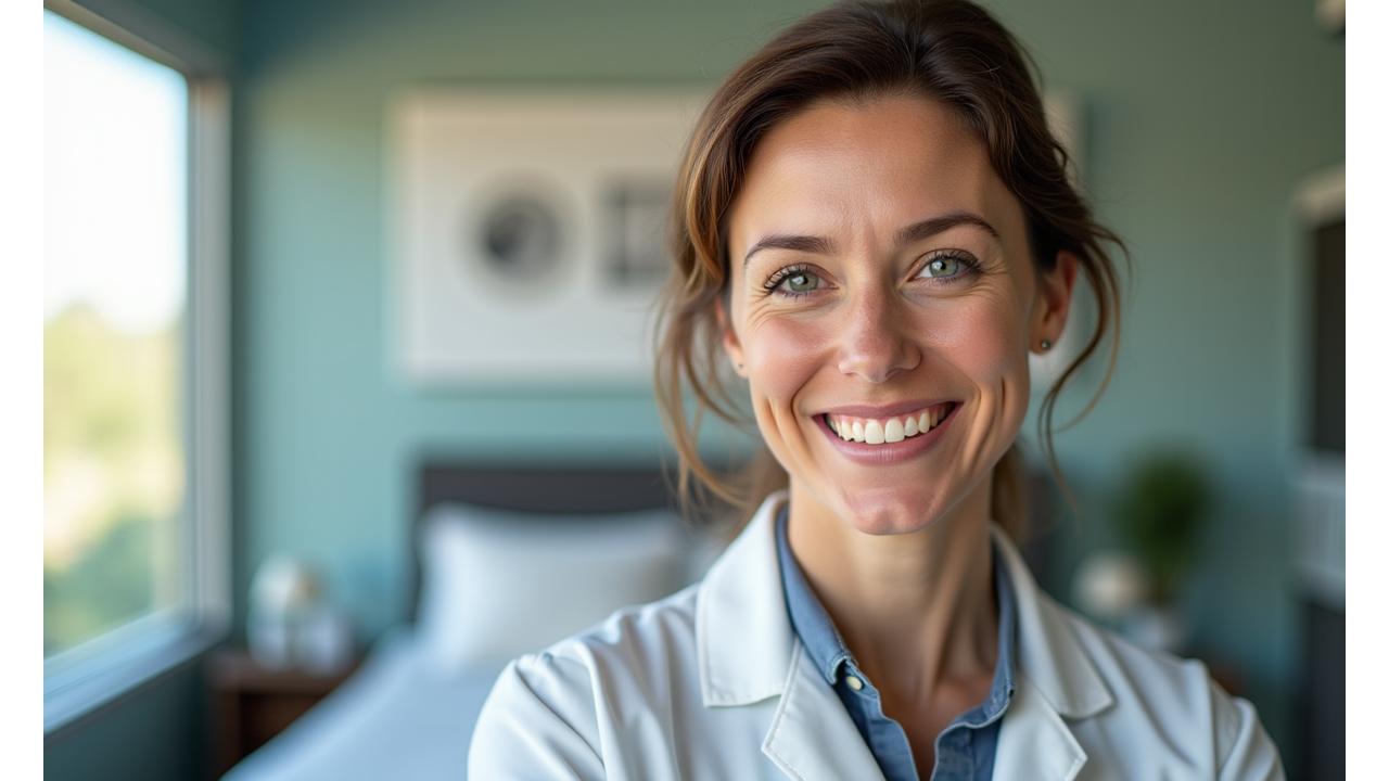 Profesionálně vypadající specialistka na spánek v konzultační místnosti, usmívající se a připravená pomoci