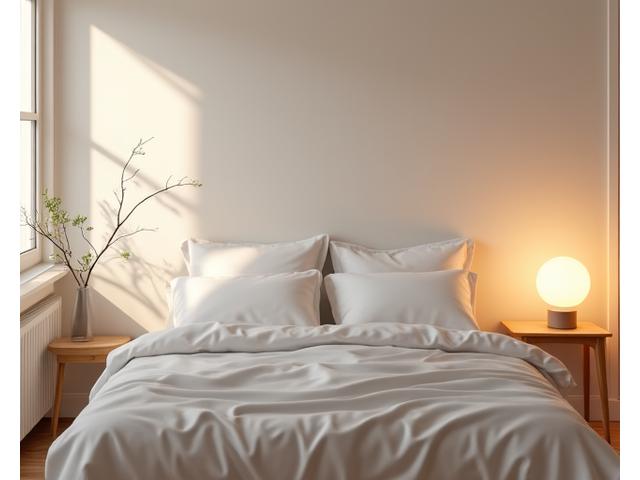 Fotografie uklizené, minimalistické ložnice s tlumeným osvětlením, připravené ke spánku
