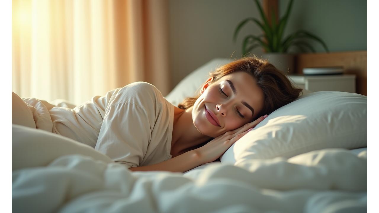 Žena klidně spící v útulně zařízené ložnici, symbolizující kvalitní spánek