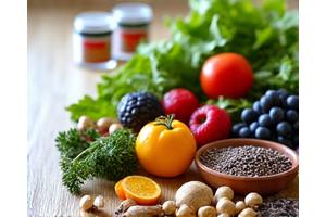 Misky s čerstvými bylinkami a superpotravinami symbolizujícími zdravou výživu.