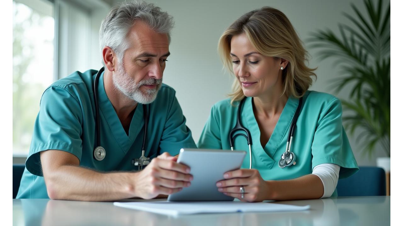 Dva zdravotničtí odborníci (muž a žena) diskutují data na tabletu v moderním, čistém prostředí