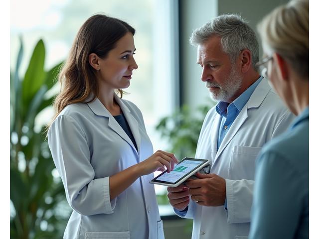 Odborník vysvětlující grafy glukózy klientovi