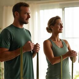 Pár cvičící s lehkým fitness vybavením doma