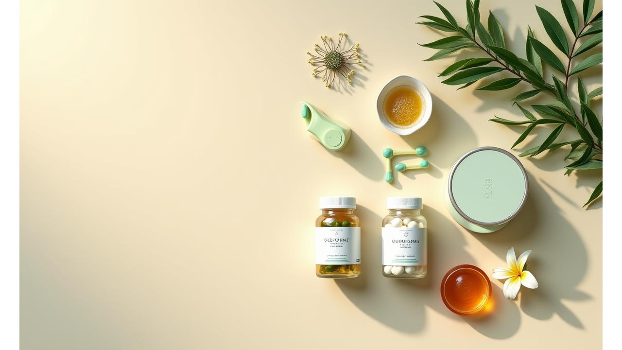 Stůl plný pečlivě vybraných wellness produktů s důvěryhodnými odznaky.