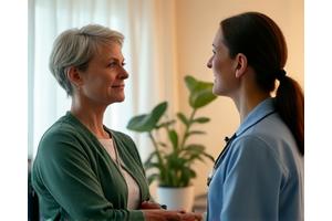 Žena středního věku konzultuje s lékařem, zdůrazňující péči o hormonální zdraví a změny související s věkem