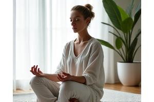 Žena medituje v klidném interiéru s jemným světlem, symbolizující duševní pohodu a klid