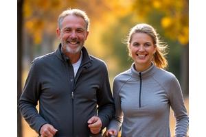 Muž a žena středního věku se usmívají při ranní chůzi v parku, symbolizující aktivní životní styl