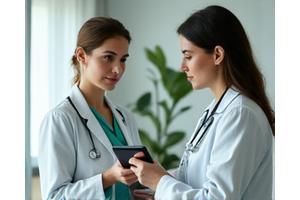 Lékař diskutuje s dospělou ženou o jejích zdravotních výsledcích, zdůrazňující preventivní screening