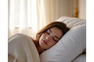 Uvolněný muž spí klidně v posteli s měkkým osvětlením přes okno, symbolizující kvalitní spánek